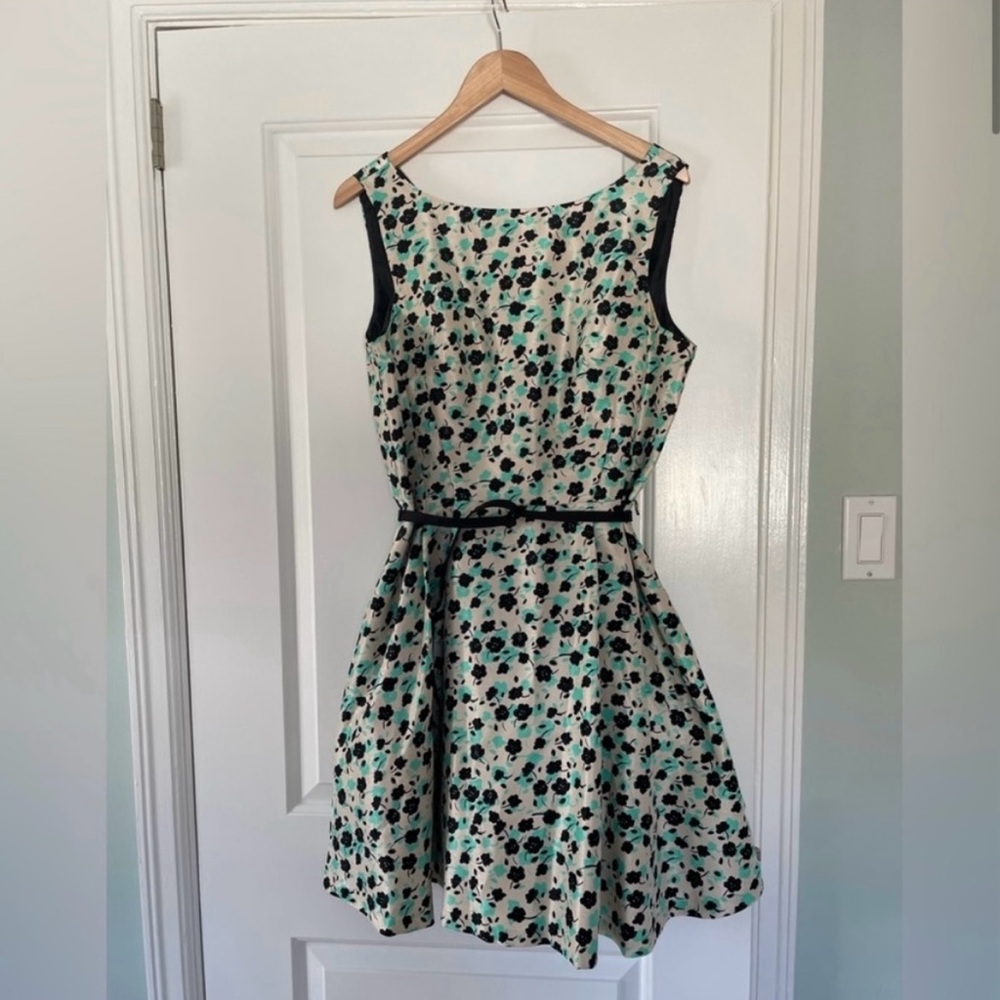 Gold, teal and black floral print, belted dress, with crinoline, size 14
